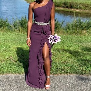 Plum, one shoulder, ruffle, thigh split dress. Formal or Prom Dress. Size 0